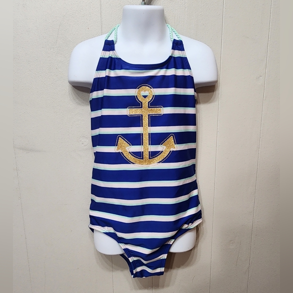 Cat & Jack Swimsuit Medium 7 -‎ 8 Nautical Blue White Striped Swim Beach C378